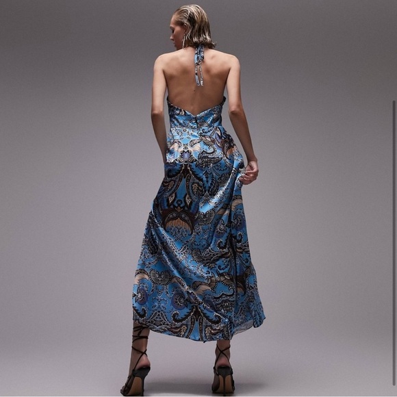 Topshop NWT Blue Paisley Cutout Backless Halter Festival Maxi Dress- Size 4 - Picture 3 of 9